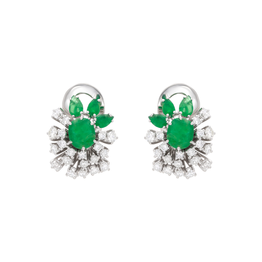 Estate 18K White Gold Diamond & Emerald English Lock Cocktail Earrings Ref: 2366071