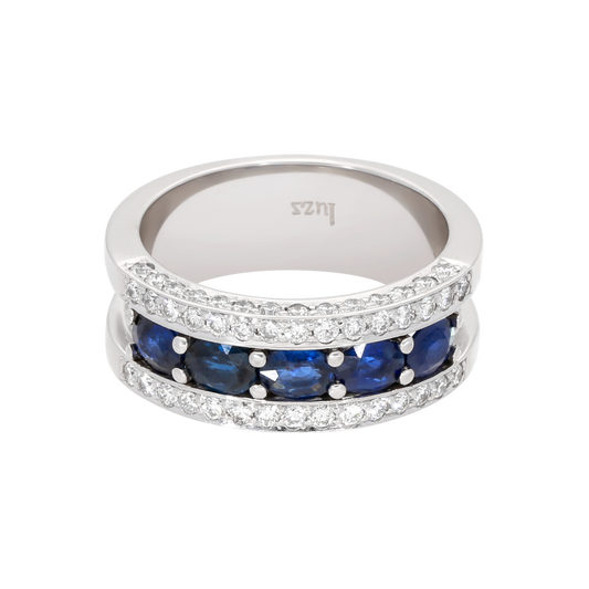 Estate 18K White Gold Diamond & Blue Sapphire Cocktail Ring Size: 8.5 Ref: 2368697